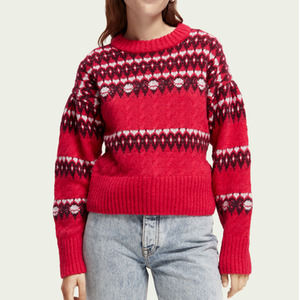 Scotch and Soda Red Cable Knit Fair Isle Sweater Pullover NEW Size Large